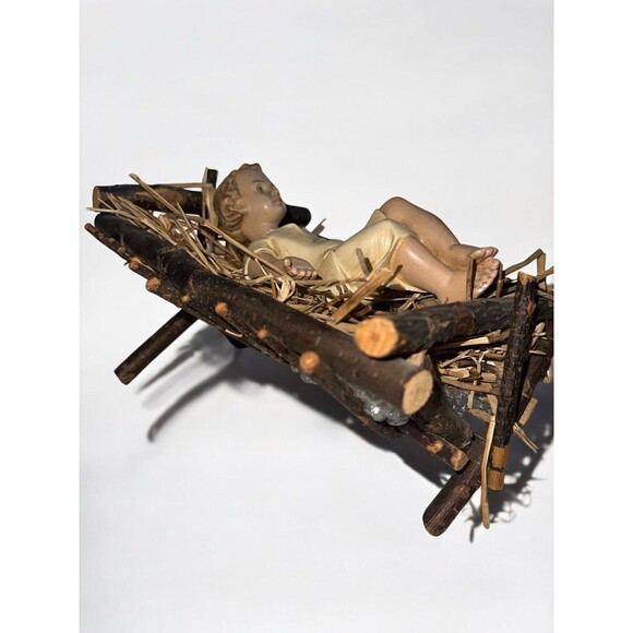 Antique Infant Jesus 1900s Real Wood Manger Nativity Baby Religious Decor - Picture 2 of 16